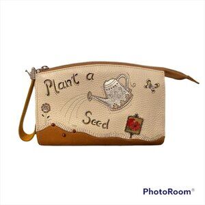BRIGHTON WRISTLET BAG PLANT A SEED WATCH IT GROW WHITE TAN EMBELLISHED LEATHER